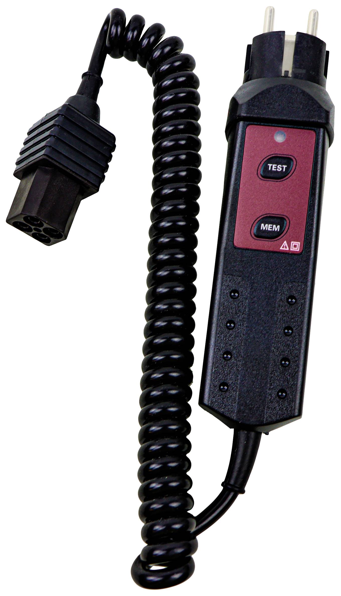 An electrical testing device with a spiral cable, two buttons ('Test' and 'Mem') and multiple LED indicators on the handle.