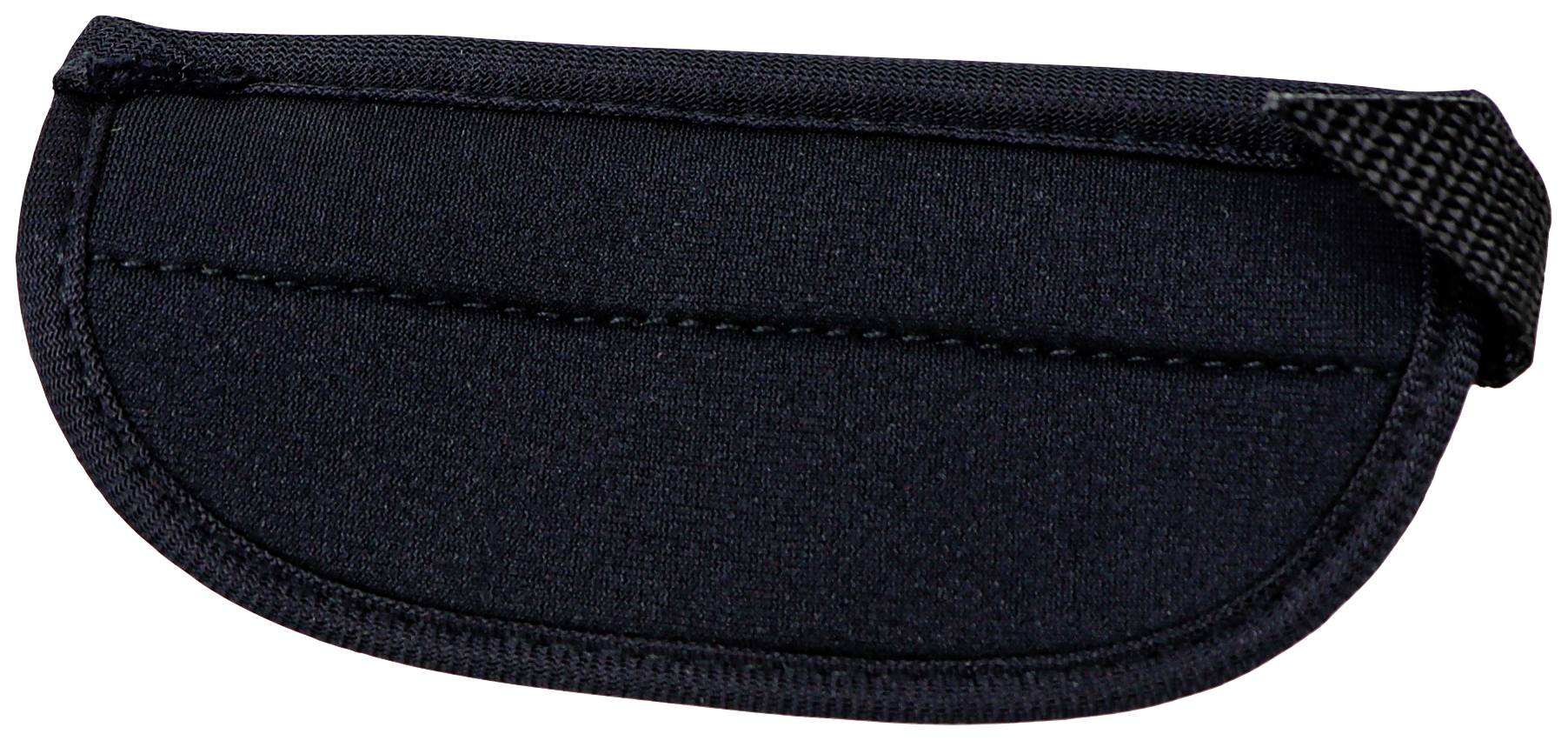 Black, padded fabric case, possibly used for protecting or storing small items such as glasses or electronic accessories.