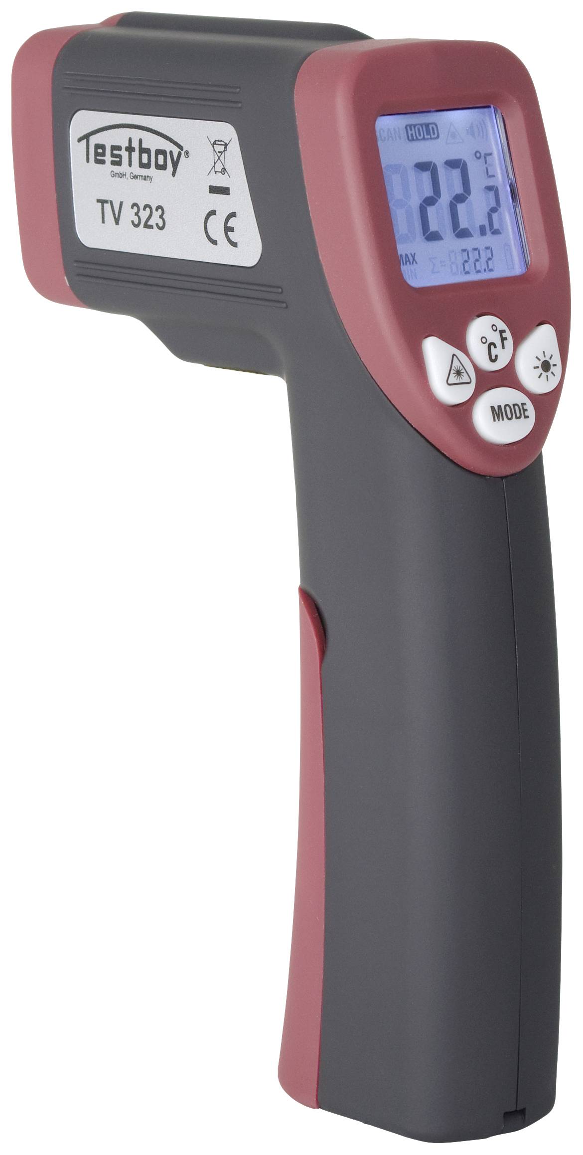 An infrared thermometer displays 22.2 degrees Celsius. It has a display, black and red casing colours, and three control buttons.