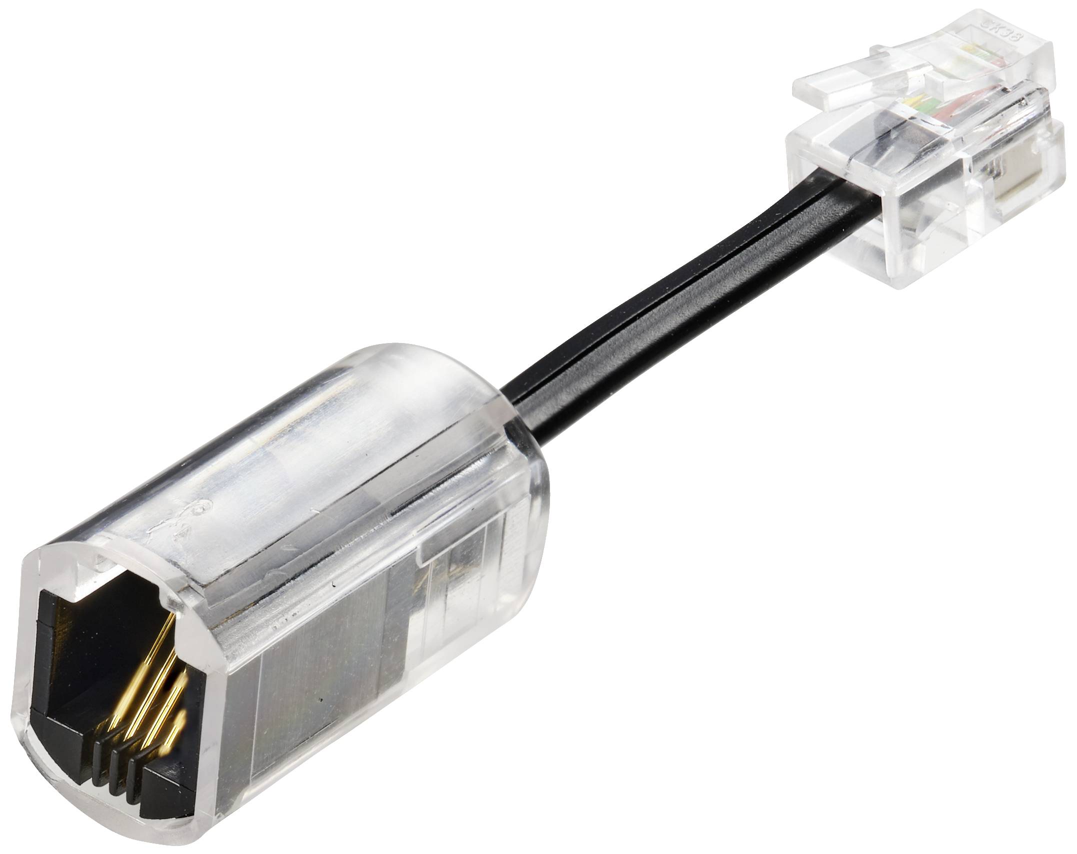 An RJ11 plug connected to an RJ45 adapter, both transparent. The adapter has gold-plated contacts.