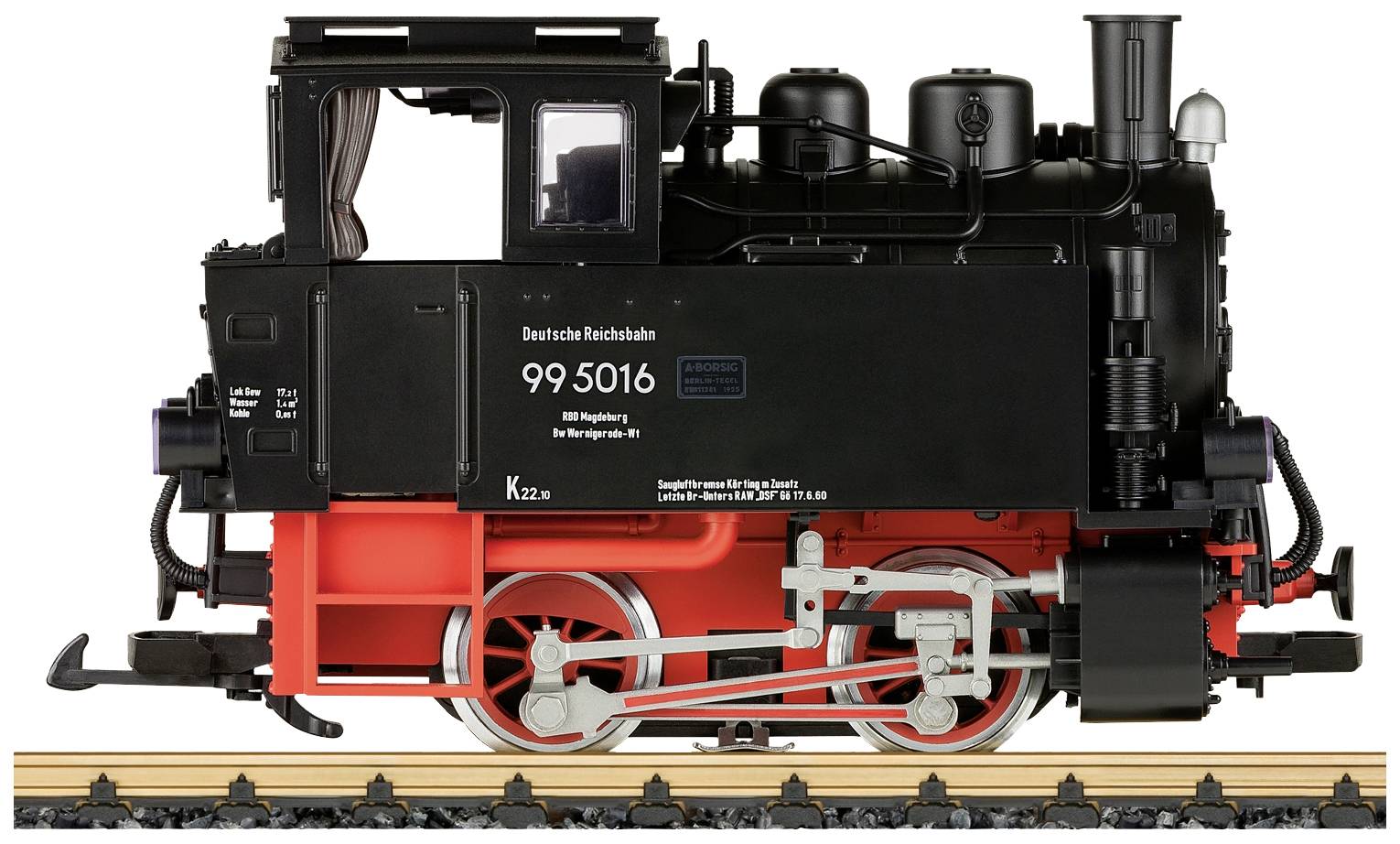 A black and red model locomotive from the Deutsche Reichsbahn with the inscription '99 5016', positioned on a section of track.
