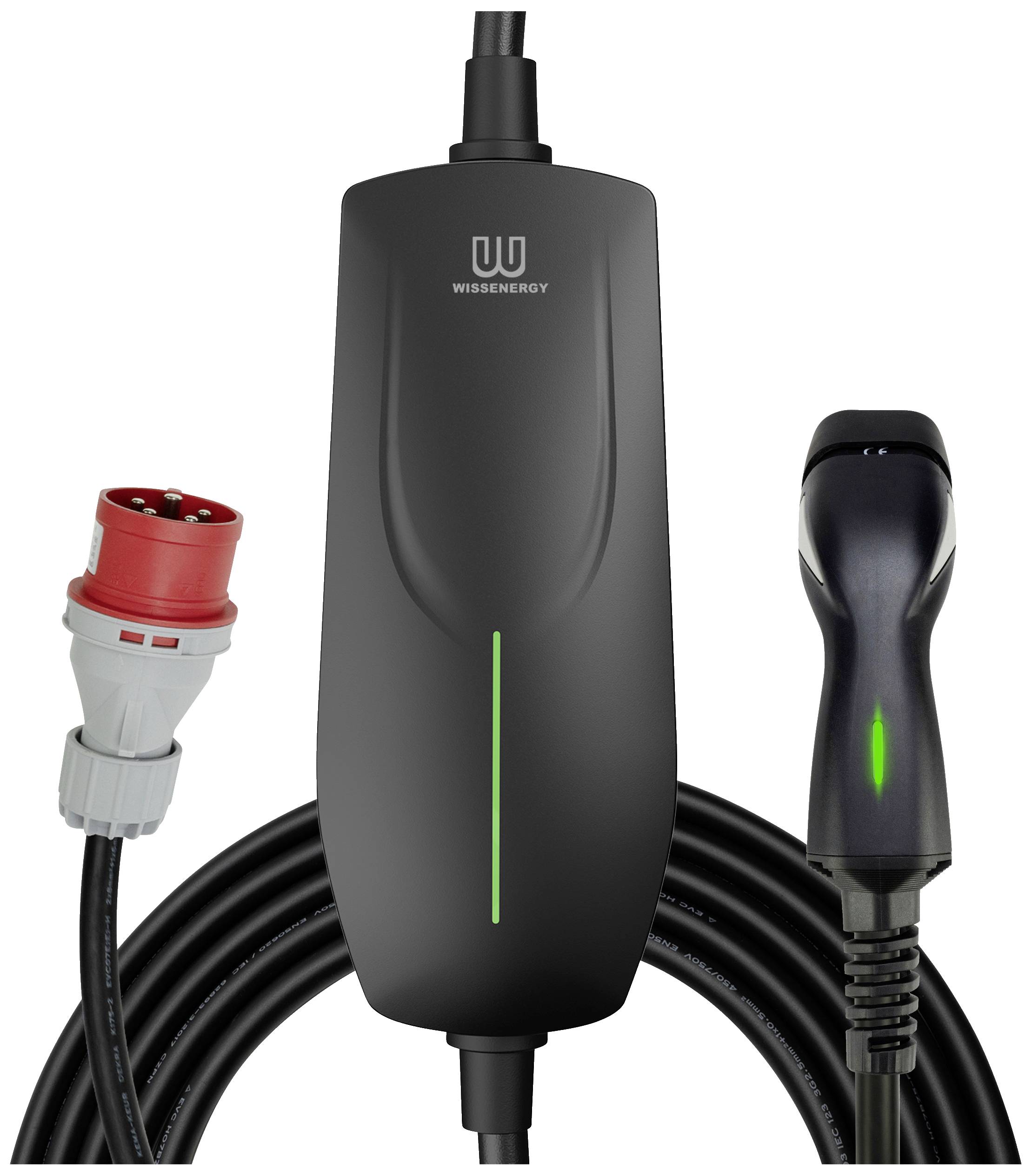A black electric car charger with cable and red connector, green LED indicator illuminated, by the brand shown in the image.