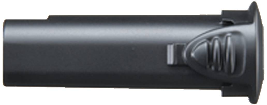 Black battery cap with side spring, cylindrically shaped. Contains no markings or labels.