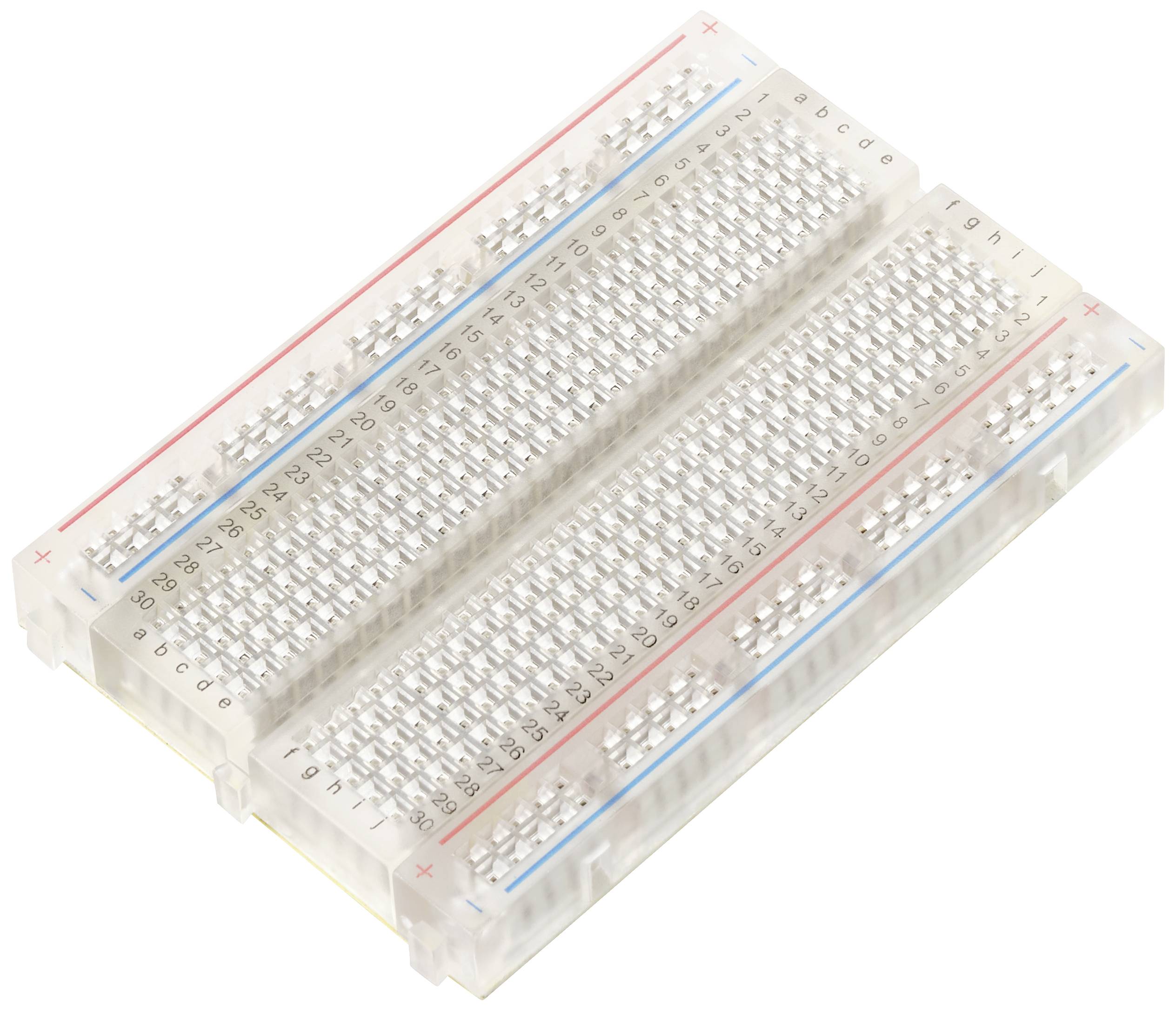 Breadboard for circuit development with vertical and horizontal contact rows, red and blue lines for polarity.