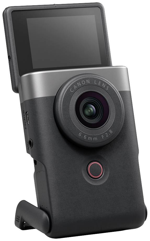 Handheld camera with a large lens and folding display, suitable for video recording and photography.