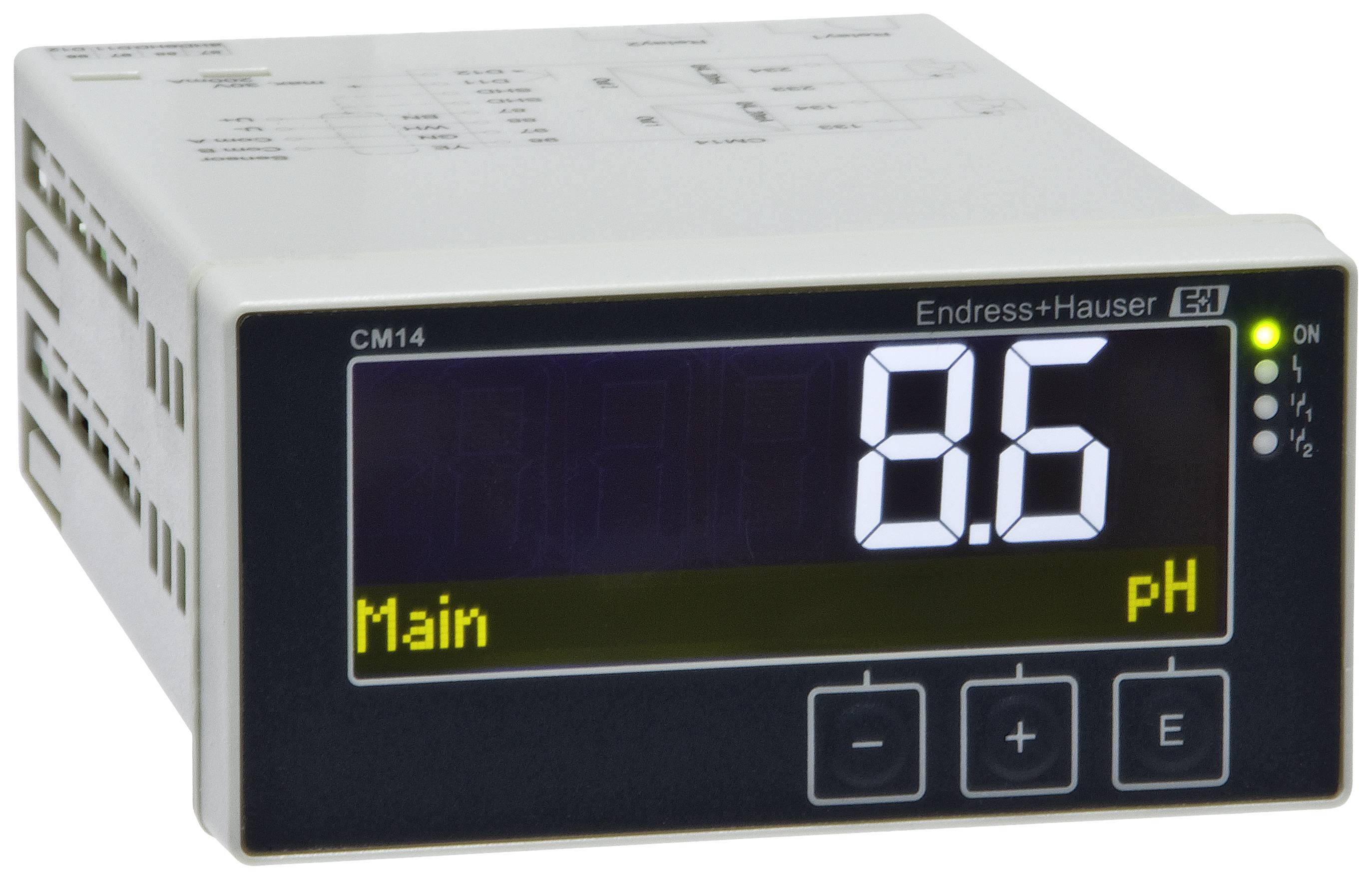 Digital measuring device displaying '8.6', indicating the pH value. Manufacturer name in the top right corner, with setting buttons below.