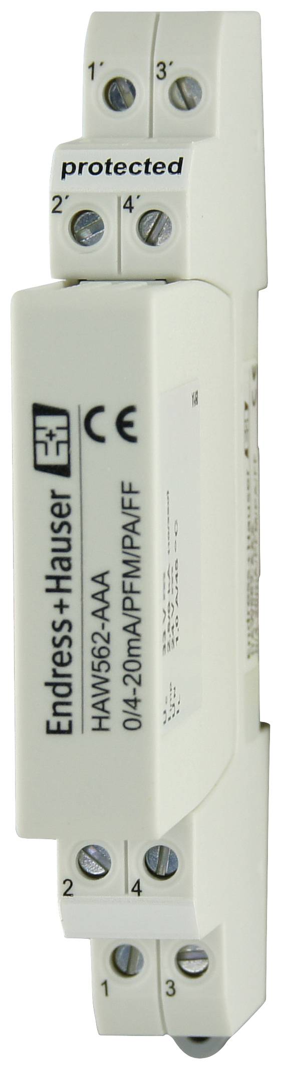 A white electrical device by Endress+Hauser, model HAW562-AAA, marked with CE and EN symbols, along with a 'protected' inscription.
