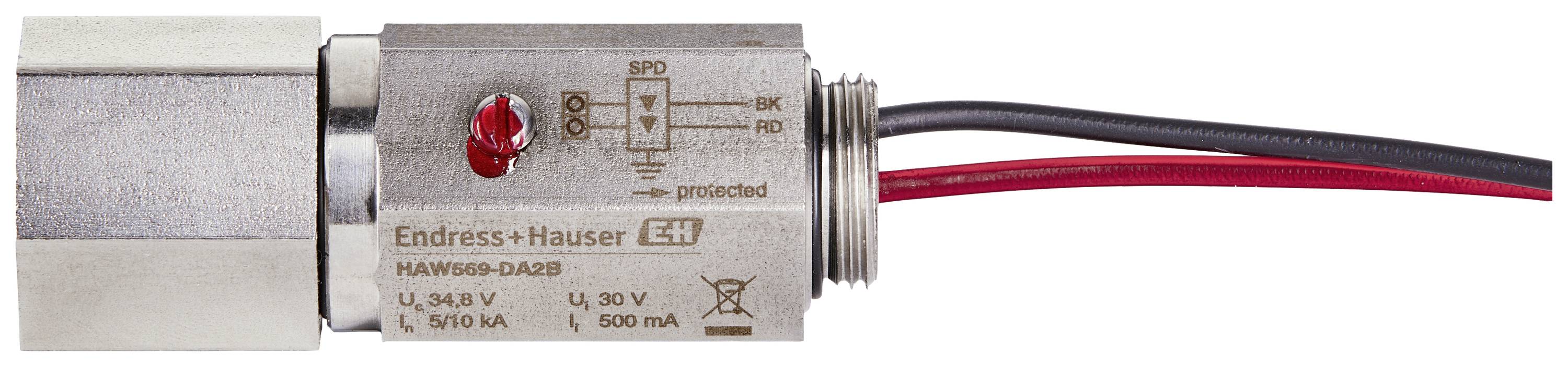 Industrial sensor with stainless steel housing, two cables, and red LED indicator. Inscription: 'Endress+Hauser'.