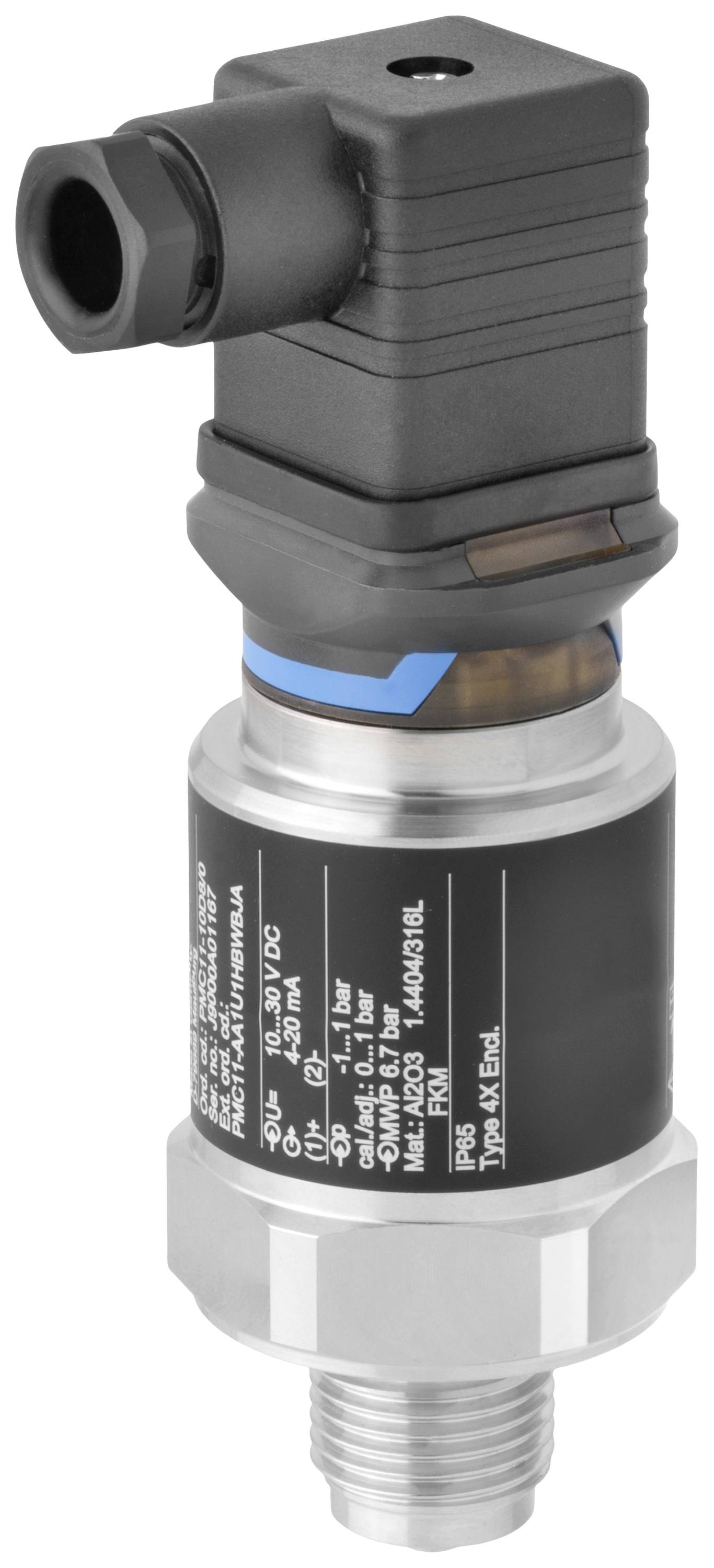 A pressure sensor with a black casing and metal connection. It measures pressure in various applications. Important details are the technical specifications on the casing.