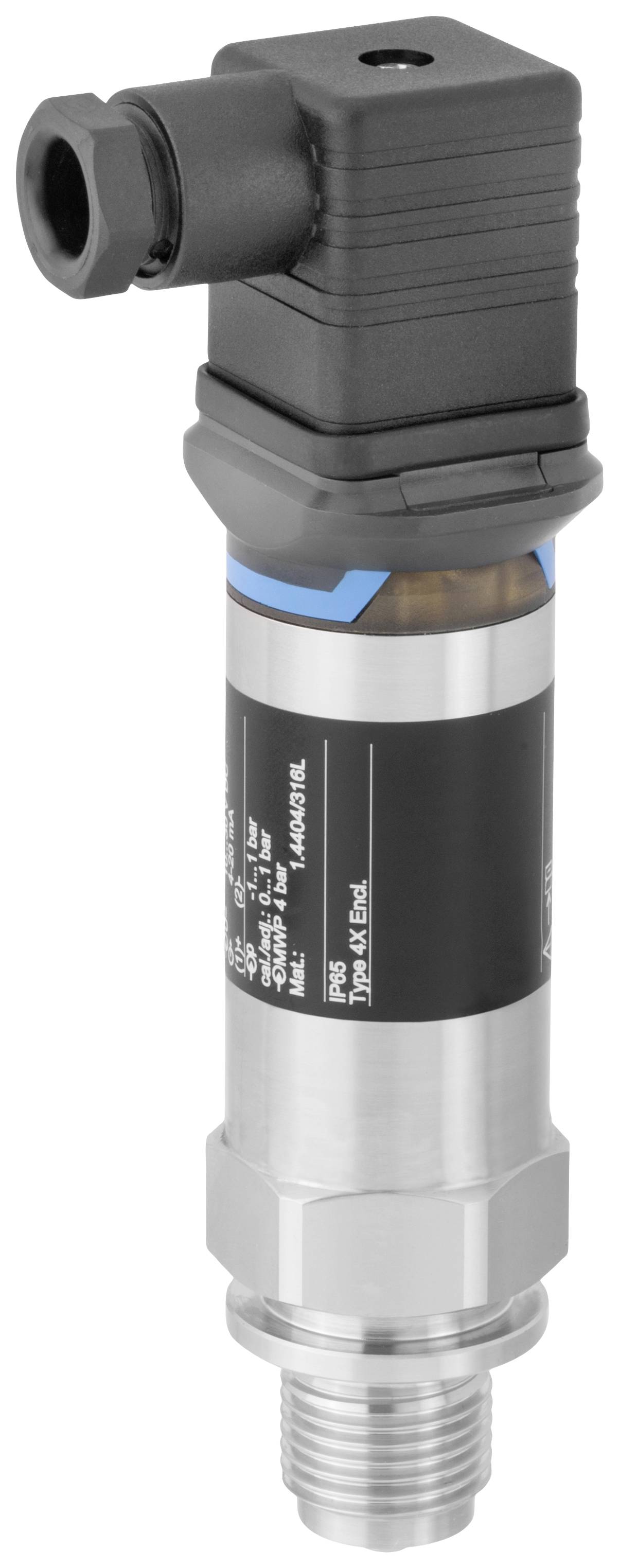 A cylindrical metal pressure sensor with a black connector on top, used for measuring pressure in industrial applications.