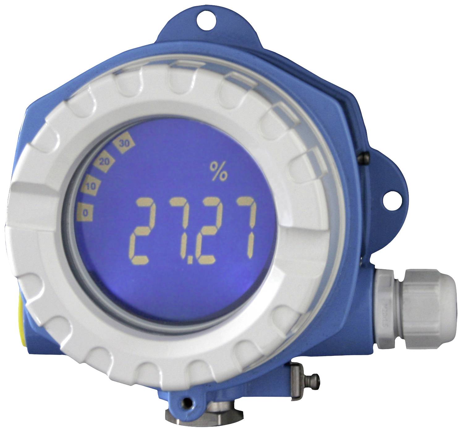 Digital display of a manometer showing '27.27%'. Surrounded by a blue housing. Use: Pressure monitoring.