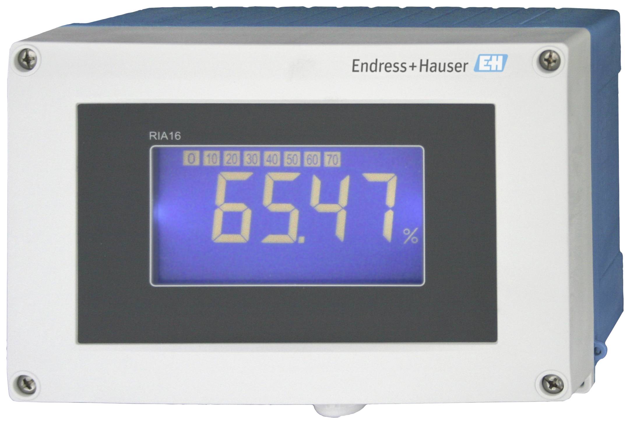 A digital display shows '65.47%' on a blue screen. The brand name 'Endress+Hauser' is positioned in the top right corner.