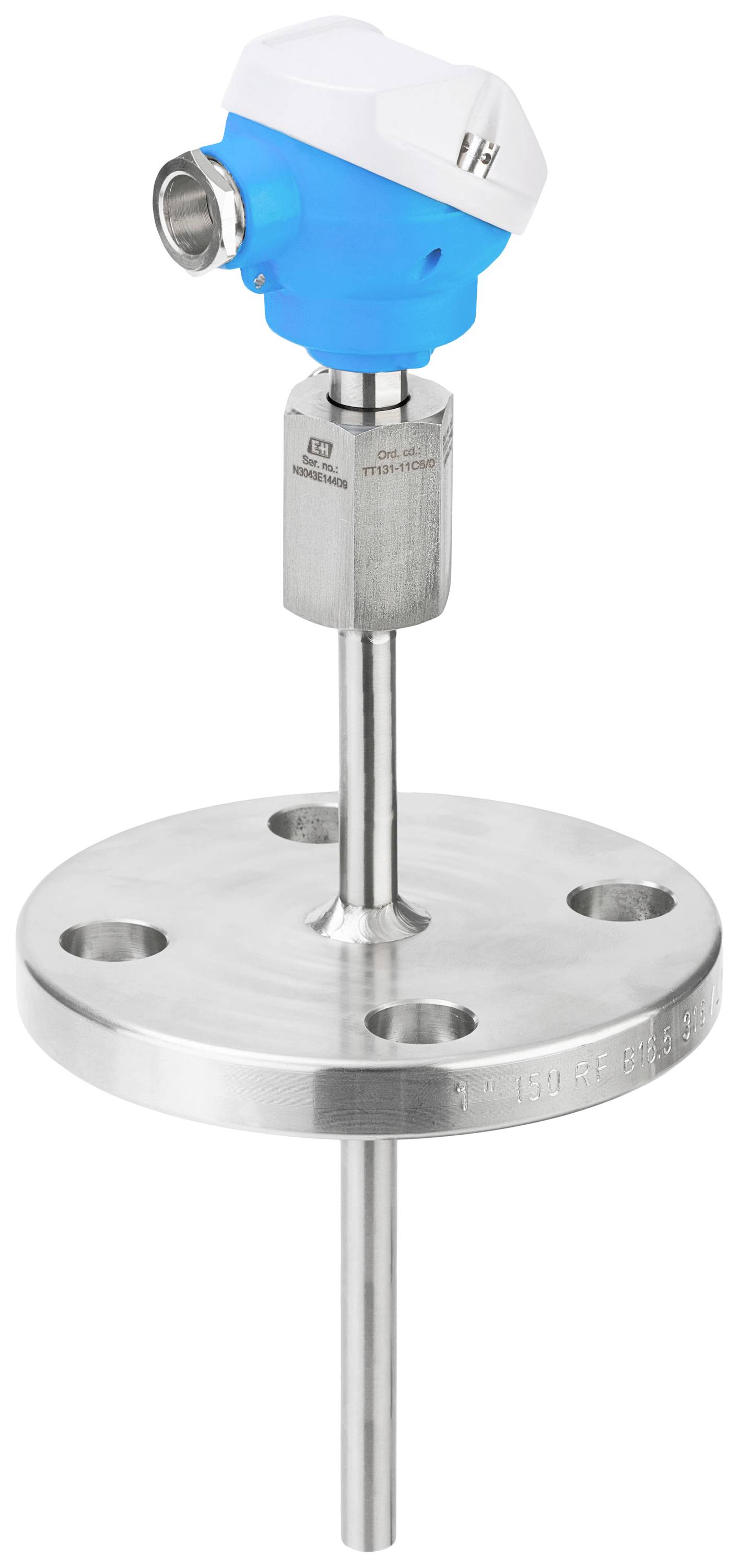 Temperature sensor with blue head and silver metal probe, suitable for industrial applications. Fitted with a flange connection.