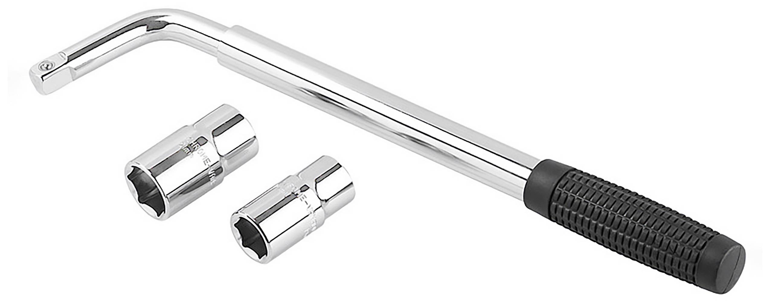 A chrome-plated wheel nut spanner with a black handle and two matching sockets. Suitable for loosening wheel nuts on vehicles.
