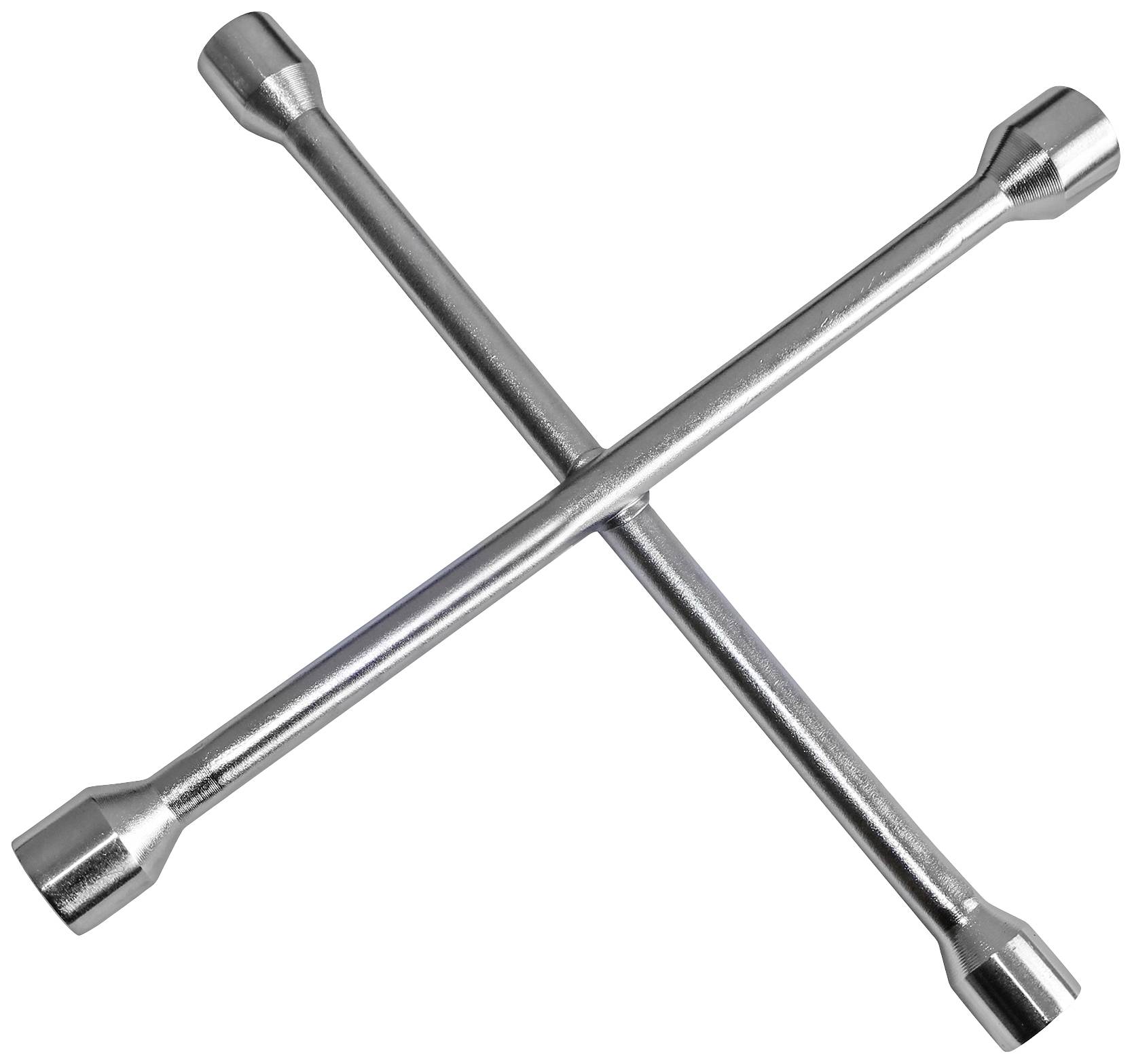 A cross-shaped wheel nut spanner made of metal, used for loosening or tightening wheel nuts on vehicles.