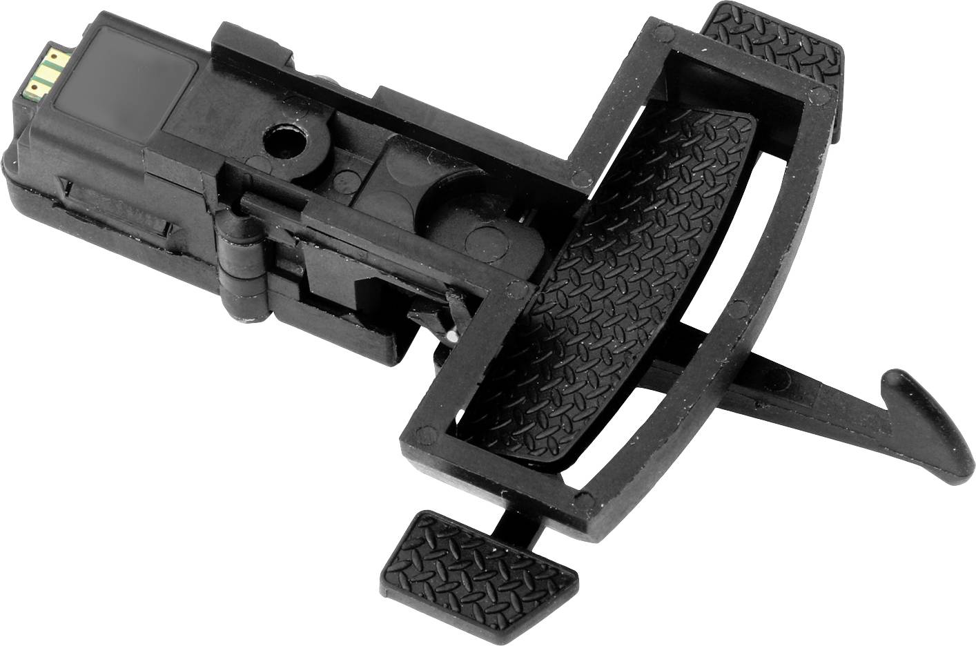 Black car pedal with textured foot area and electronic component, shown from the side.