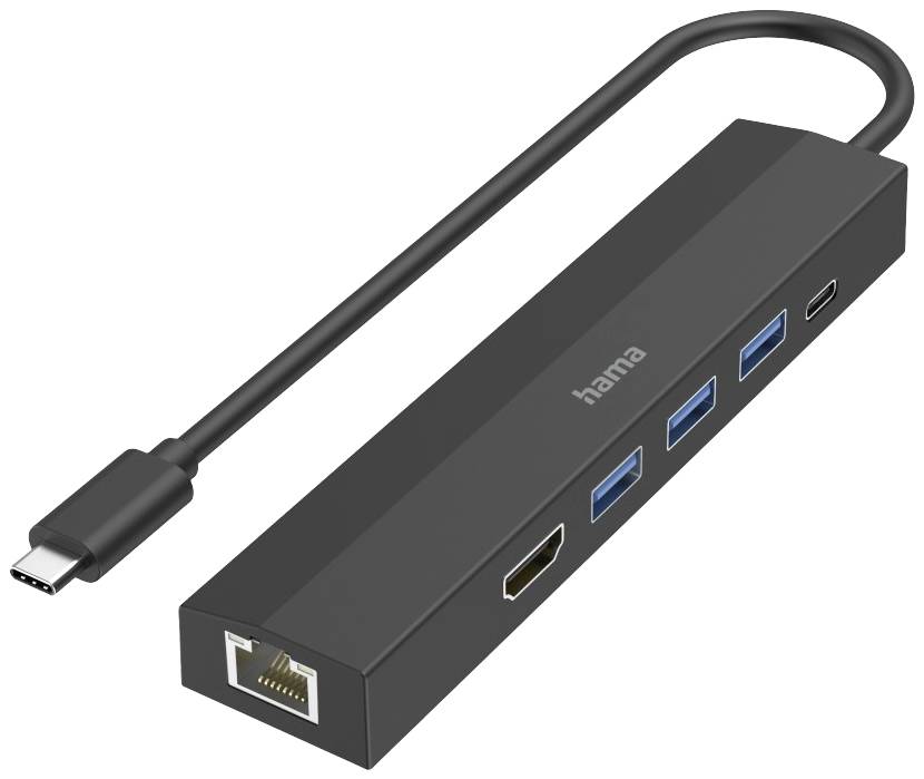 Black USB-C hub with multiple ports, including HDMI, Ethernet, two USB-A ports and a USB-C connection.