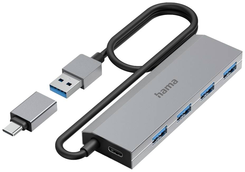 USB hub with four USB ports, one USB-C port and a USB-C adapter. Hama logo on the top side.
