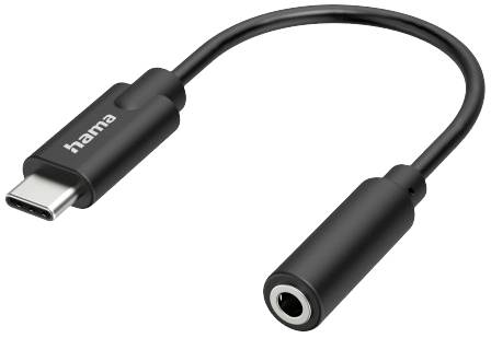 USB-C to 3.5mm Jack Adapter by Hama. Black cable, enables connection between a 3.5mm headphone jack and a USB-C port.