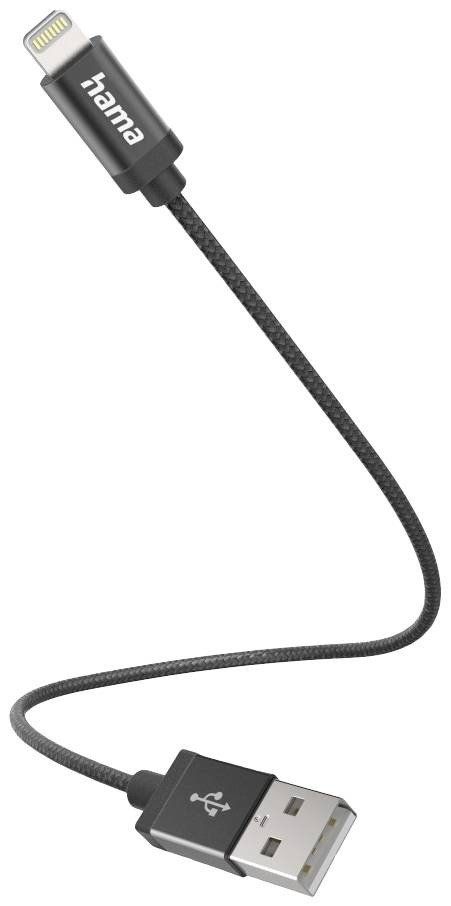 A black charging and data cable with USB and Lightning connector ends by the brand 'Hama', slightly curved in its presentation.