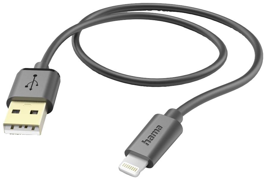 USB cable with Lightning connector, brand 'hama', grey design, suitable for synchronising and charging devices.