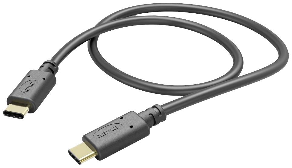 A black USB-C cable with connectors at both ends, suitable for data transfer and charging devices.