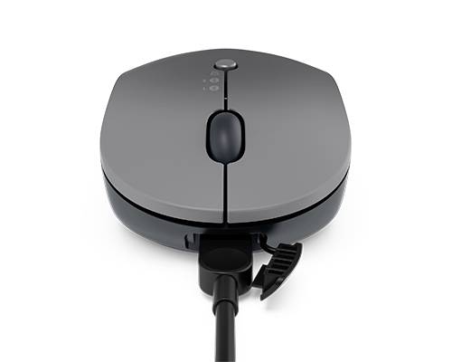 Grey, wired computer mouse with two buttons and scroll wheel, on white background.