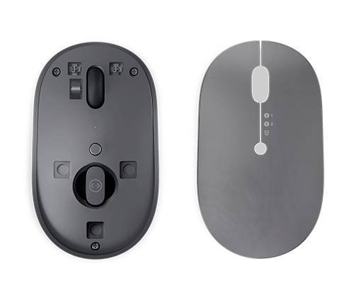 Wireless computer mouse, with scroll wheel and buttons on the upper surface, and switches on the underside, illustrated for a technical product review.