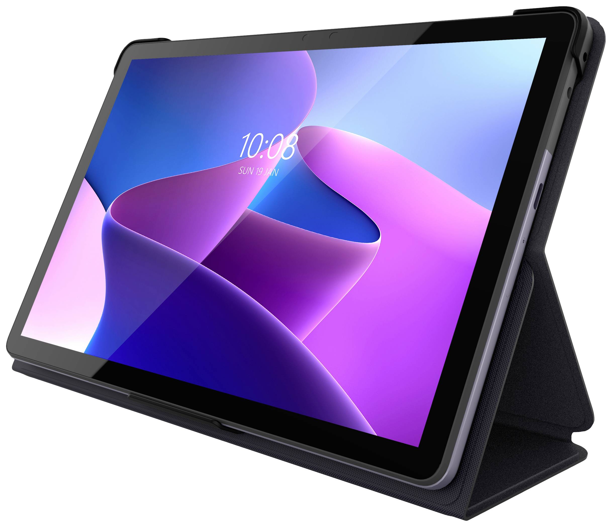 A tablet with a blue and pink background is propped up in a black protective case. The time '10:08' is displayed in the top left corner.