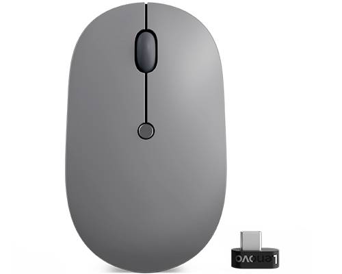 Grey, wireless computer mouse with scrollable wheel and USB receiver, against a white background.