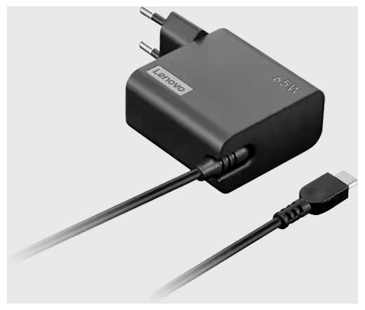 Black charger with EU plug and USB-C cable. Device is labelled with '65W' and 'Lenovo'.