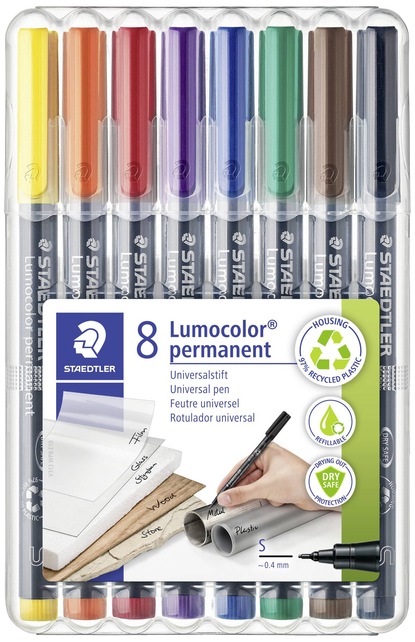 'Staedtler Lumocolor' Set of 8 permanent universal markers in various colours. Usable on paper, glass, plastic.