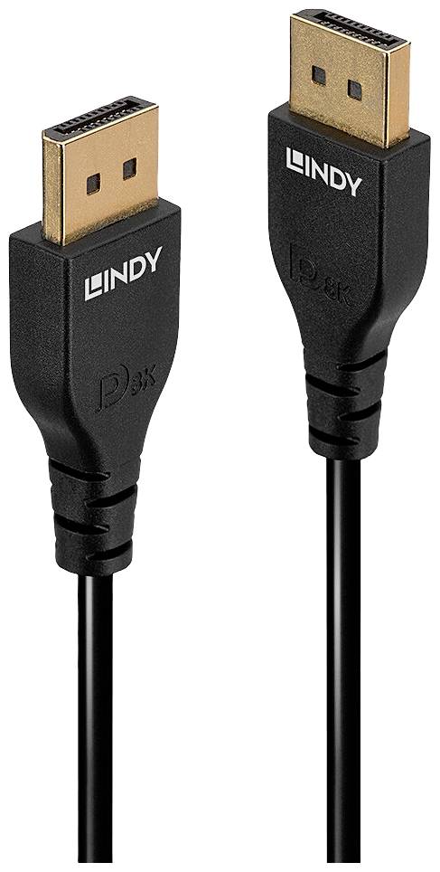Black DisplayPort cable with gold-coloured connectors, labelled 'LINDY', suitable for connecting computer and monitor.