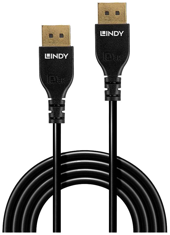 Black USB cable with gold-plated connectors, 'Lindy' brand name visible on the connectors, against a white background.