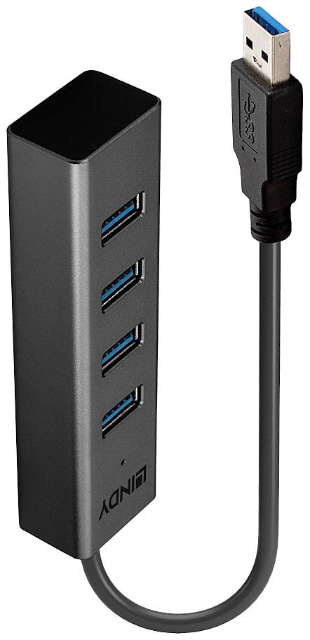 A black USB hub with four USB 3.0 ports and an integrated cable.