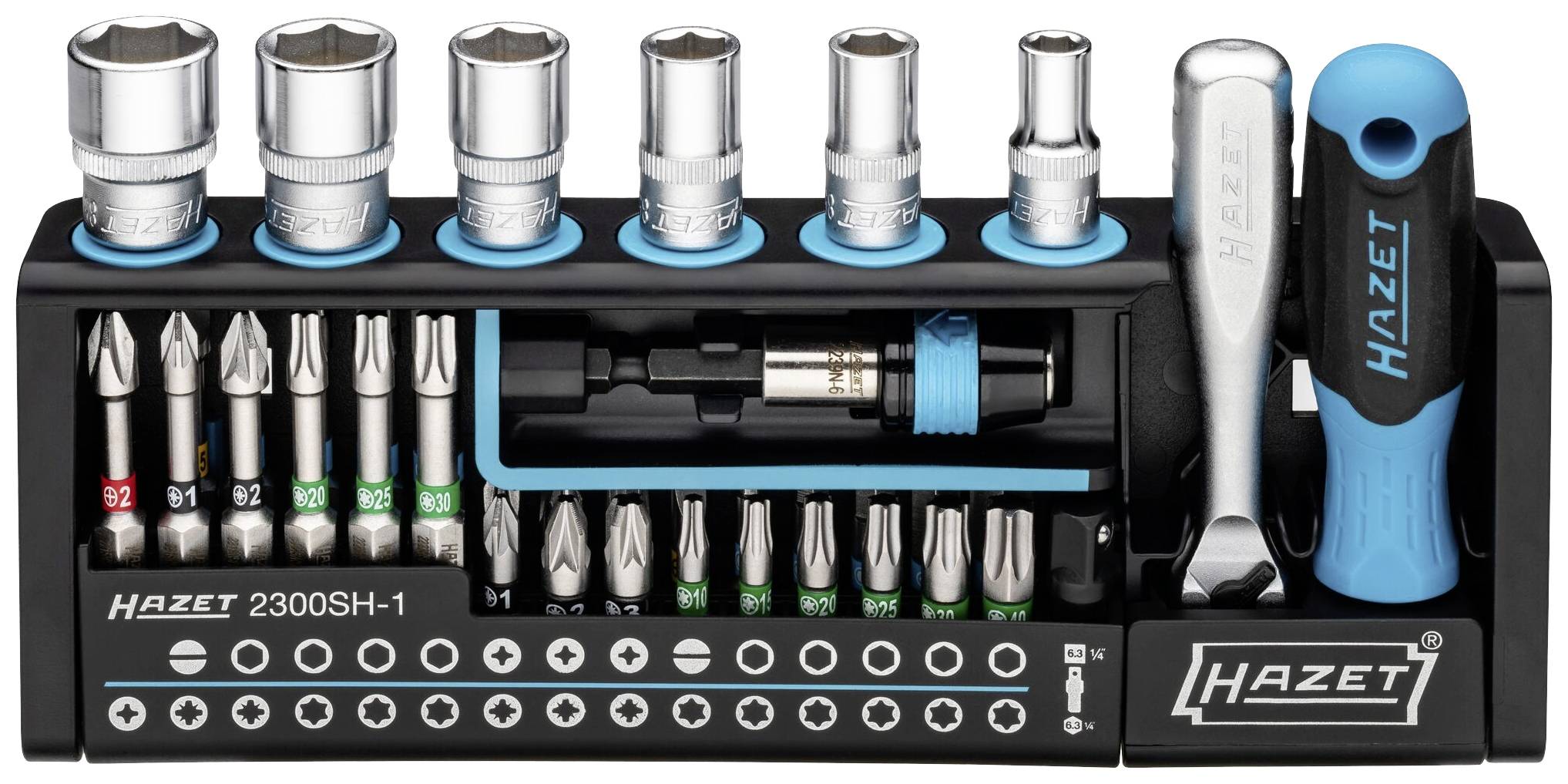 'Set with nuts, bits, ratchet and screwdriver handle. Tool on a holder, brand name 'Hazet' visible.'