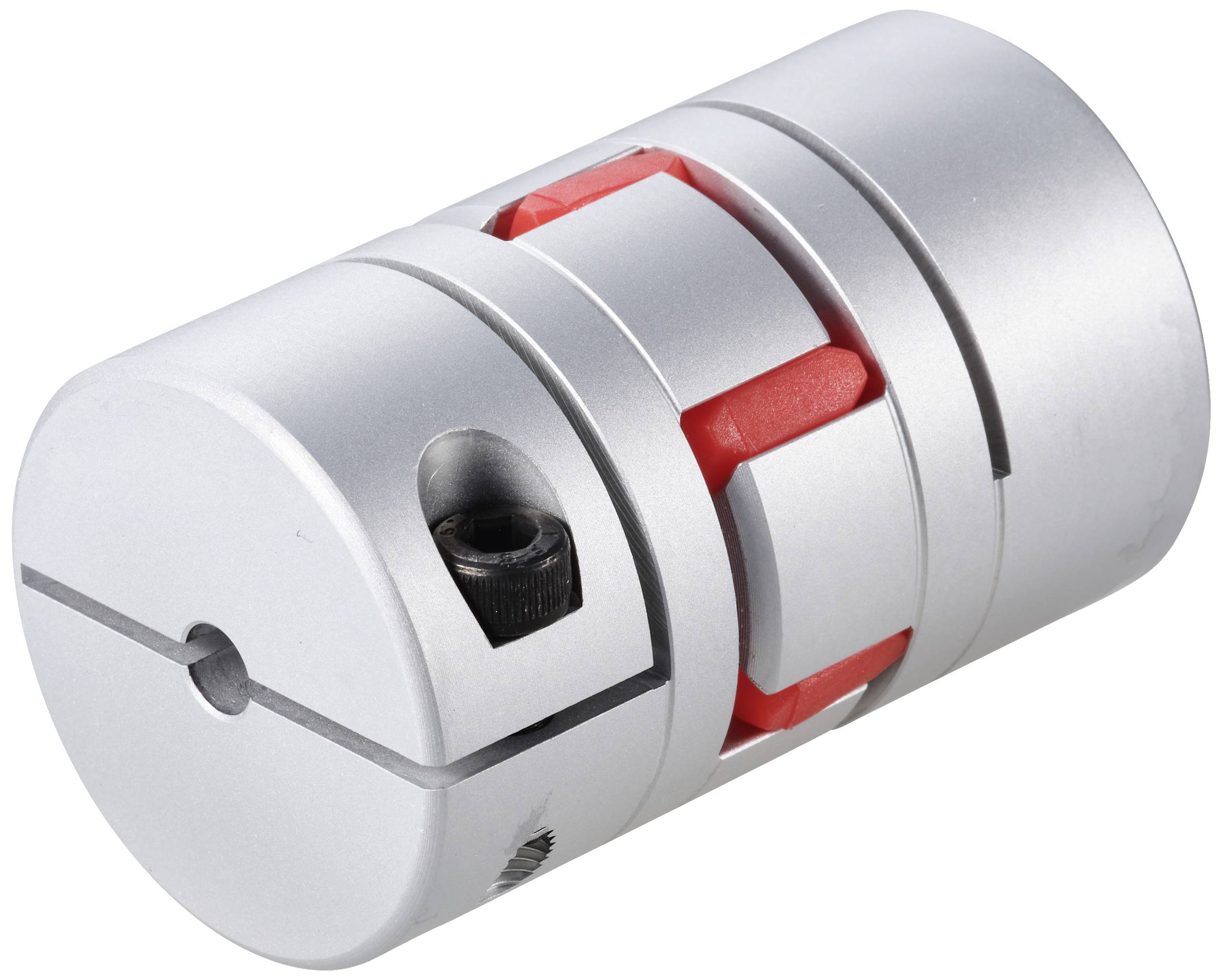 Metal coupling with red insert for torque transmission, suitable for mechanical applications.