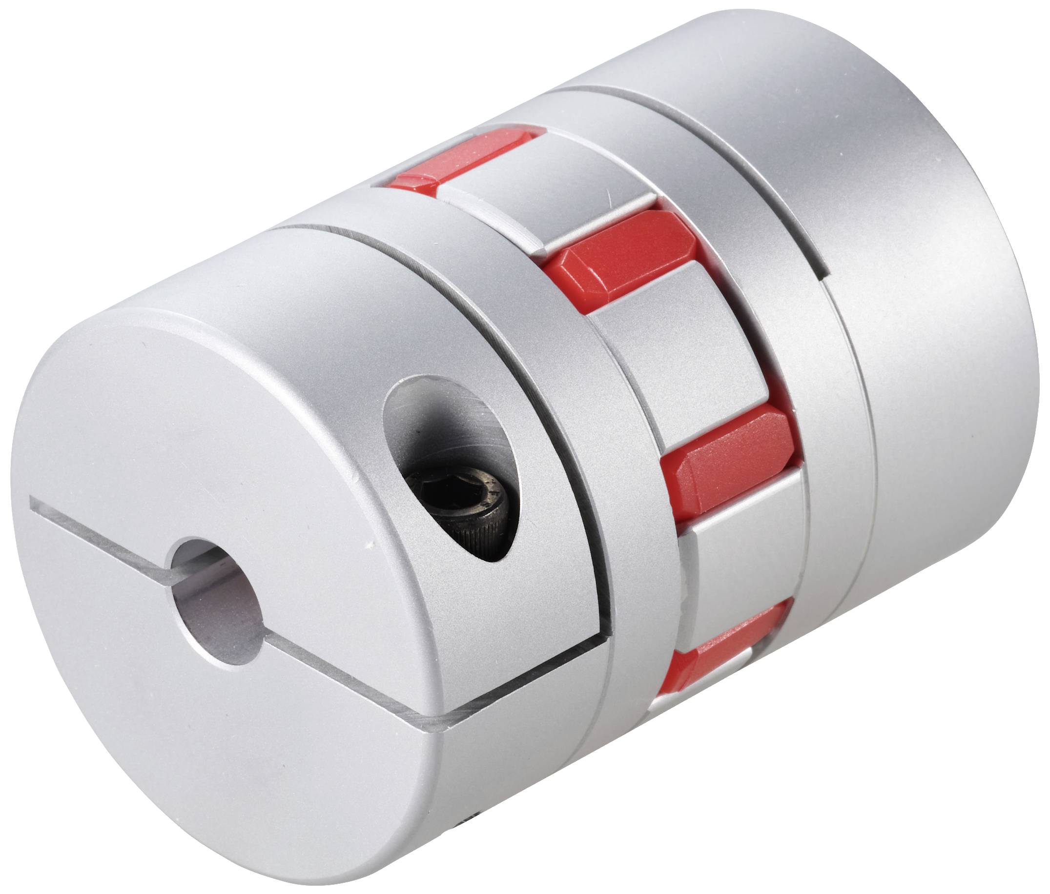 Metal coupling with a red accent, cylindrically shaped, consisting of offset segments, for transmitting torque between shafts.