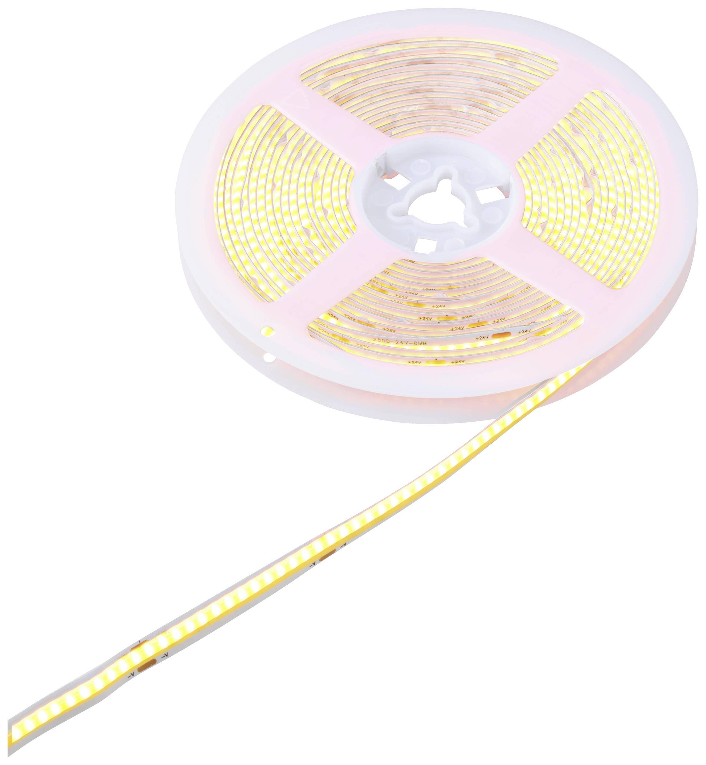 A roll of LED light strip with illuminated yellow LEDs, partially unrolled.