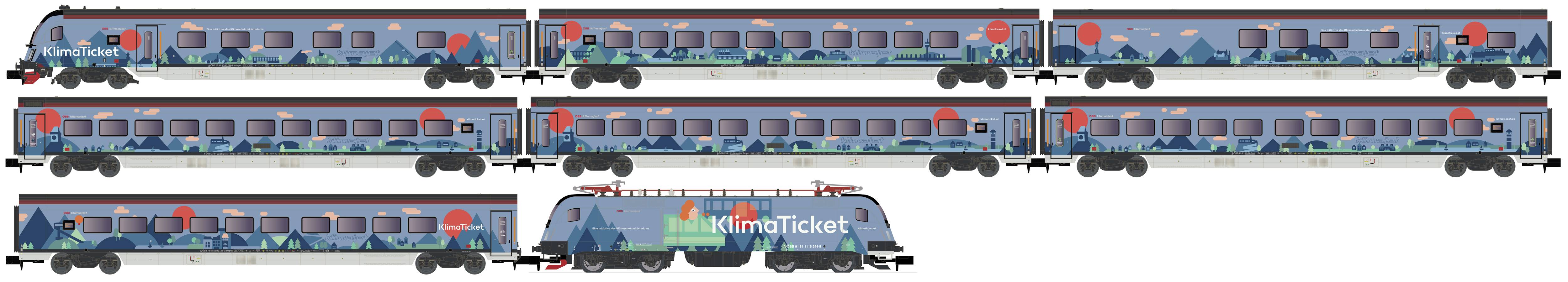 A train with seven carriages and a locomotive painted in blue landscape colours travels, with 'Klimaticket' advertising on its side.