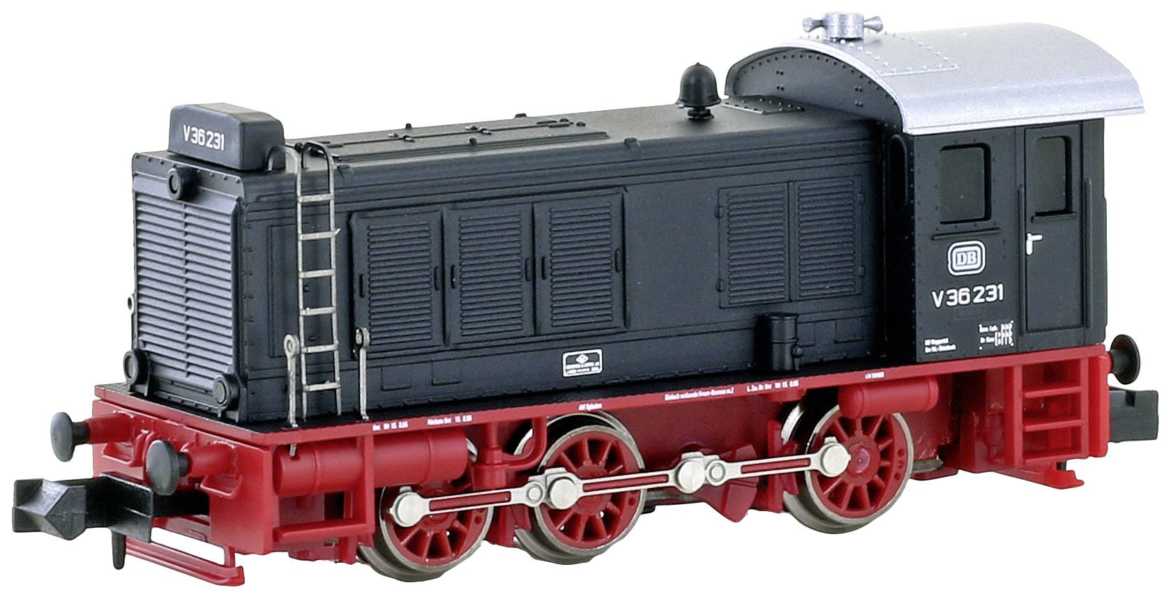 A model of a diesel locomotive on a white background. The locomotive is black with a red undercarriage and bears the inscription 'V36 231'.