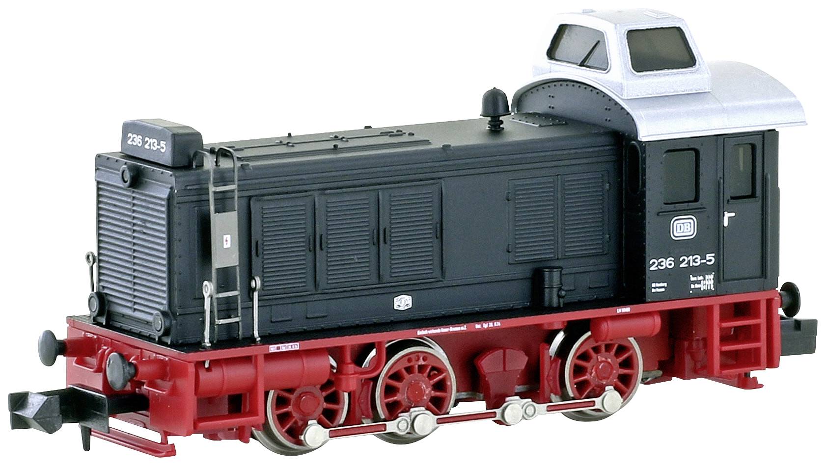 Black and red model diesel locomotive with a white roof, detailed design, DB emblem and locomotive number on the side.