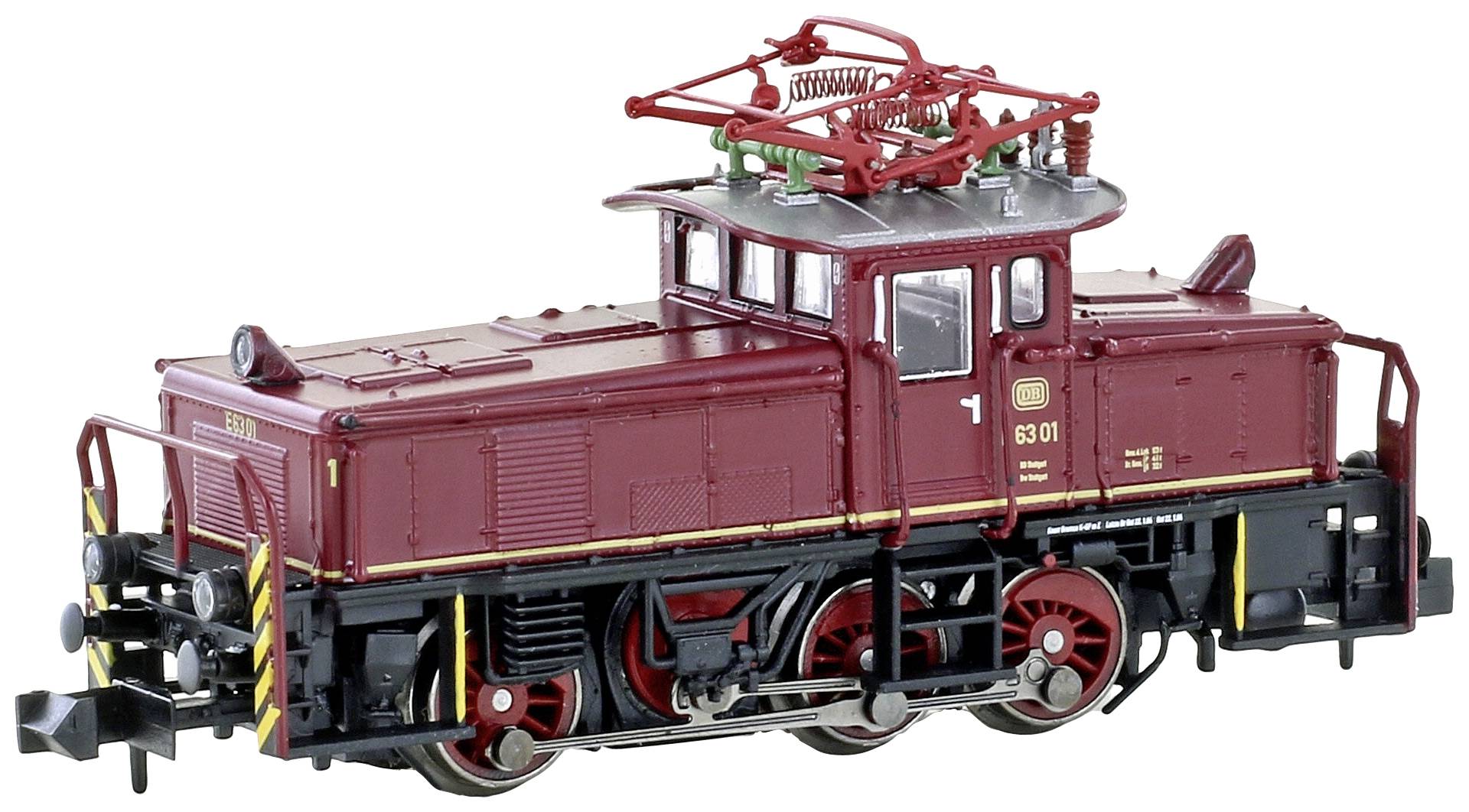 A red model of a historical electric locomotive with detailed elements such as roof conduits and steel wheel frames.