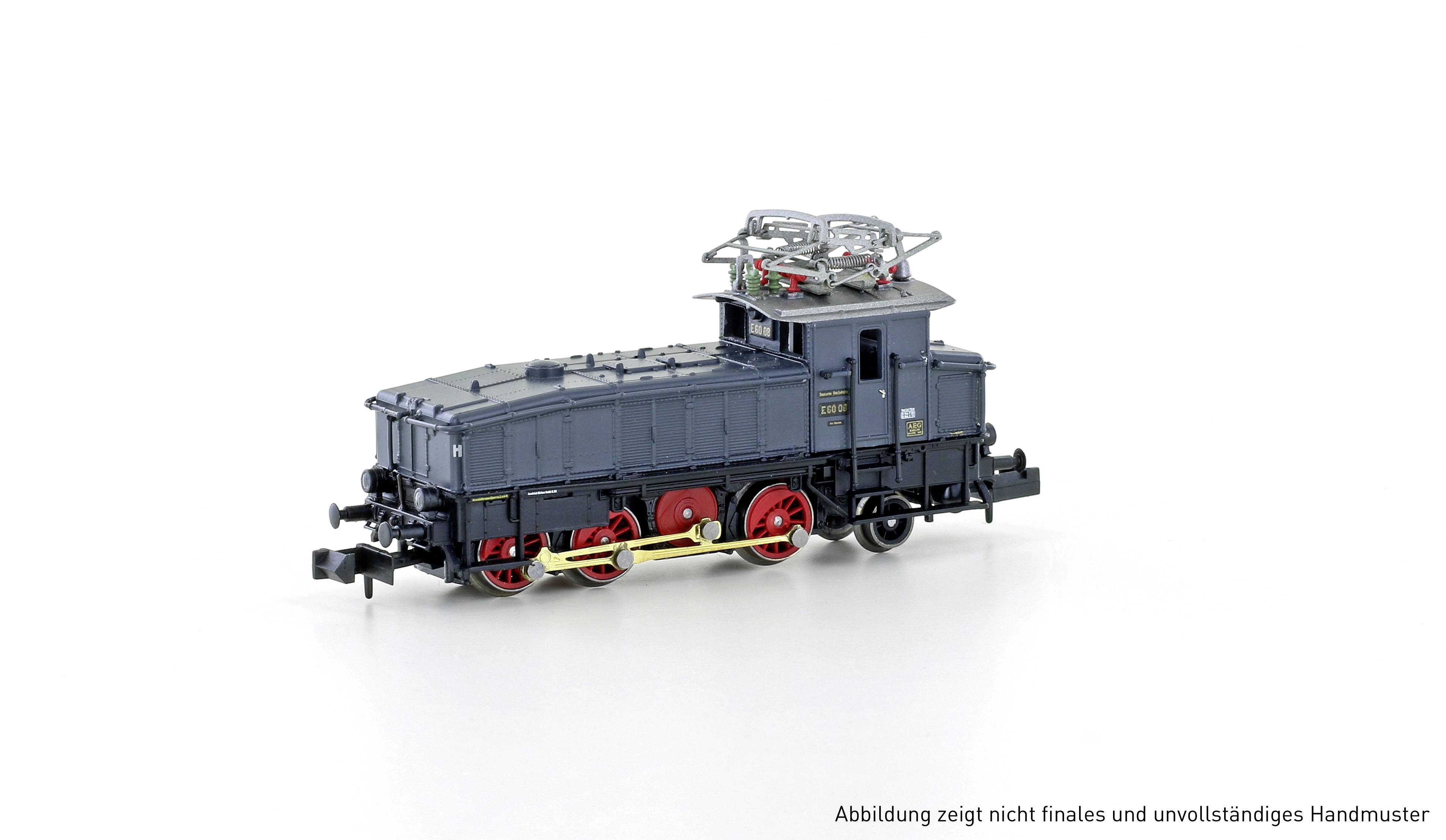 Model of a historical electric locomotive in grey with red wheels against a white background. Text below: 'Image shows non-final and incomplete hand sample'.
