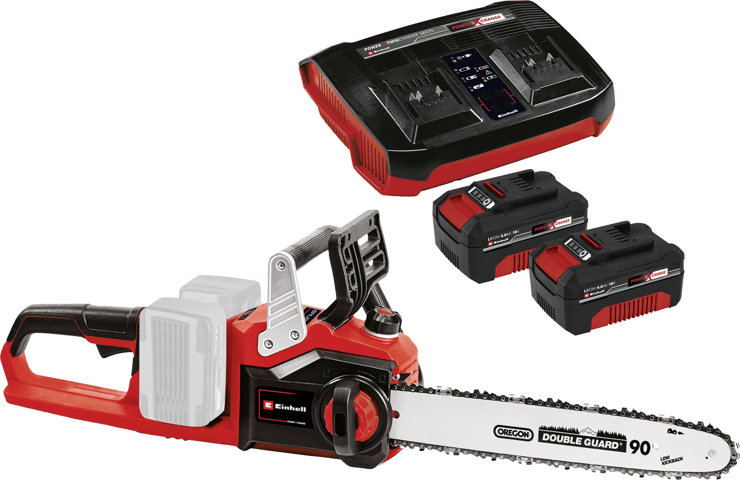 Battery-powered chainsaw with two batteries and charger.
