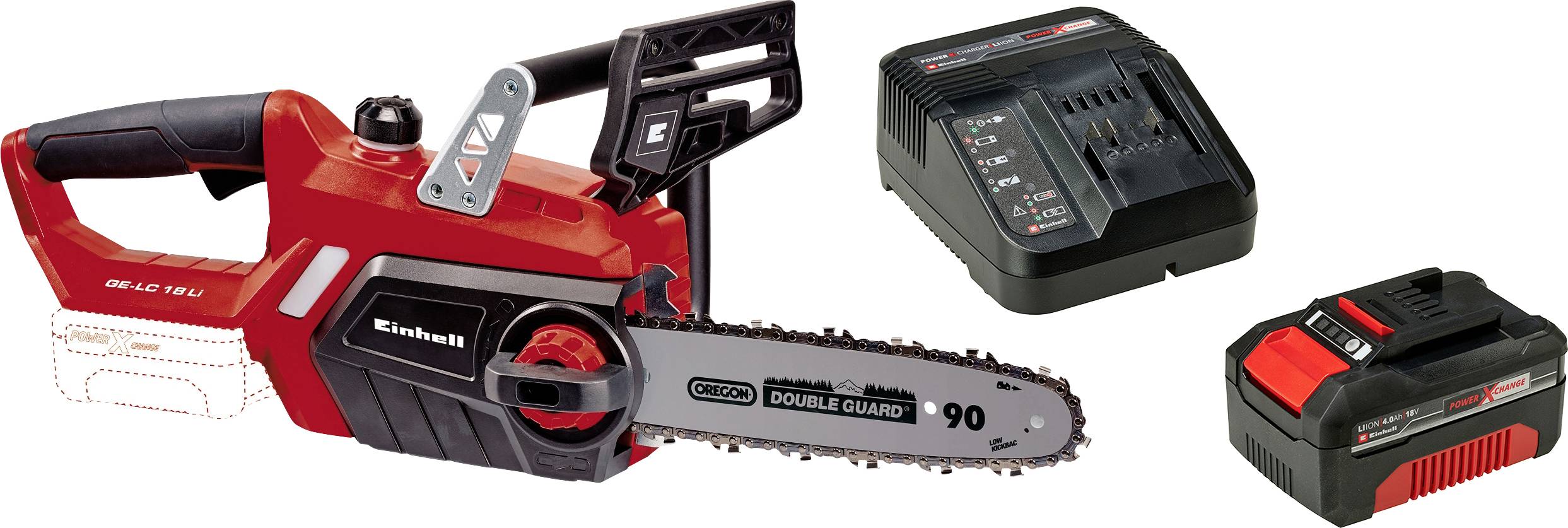 Red, cordless chainsaw with charger and battery. The chainsaw has a guide bar length of 90 mm and is suitable for home use.