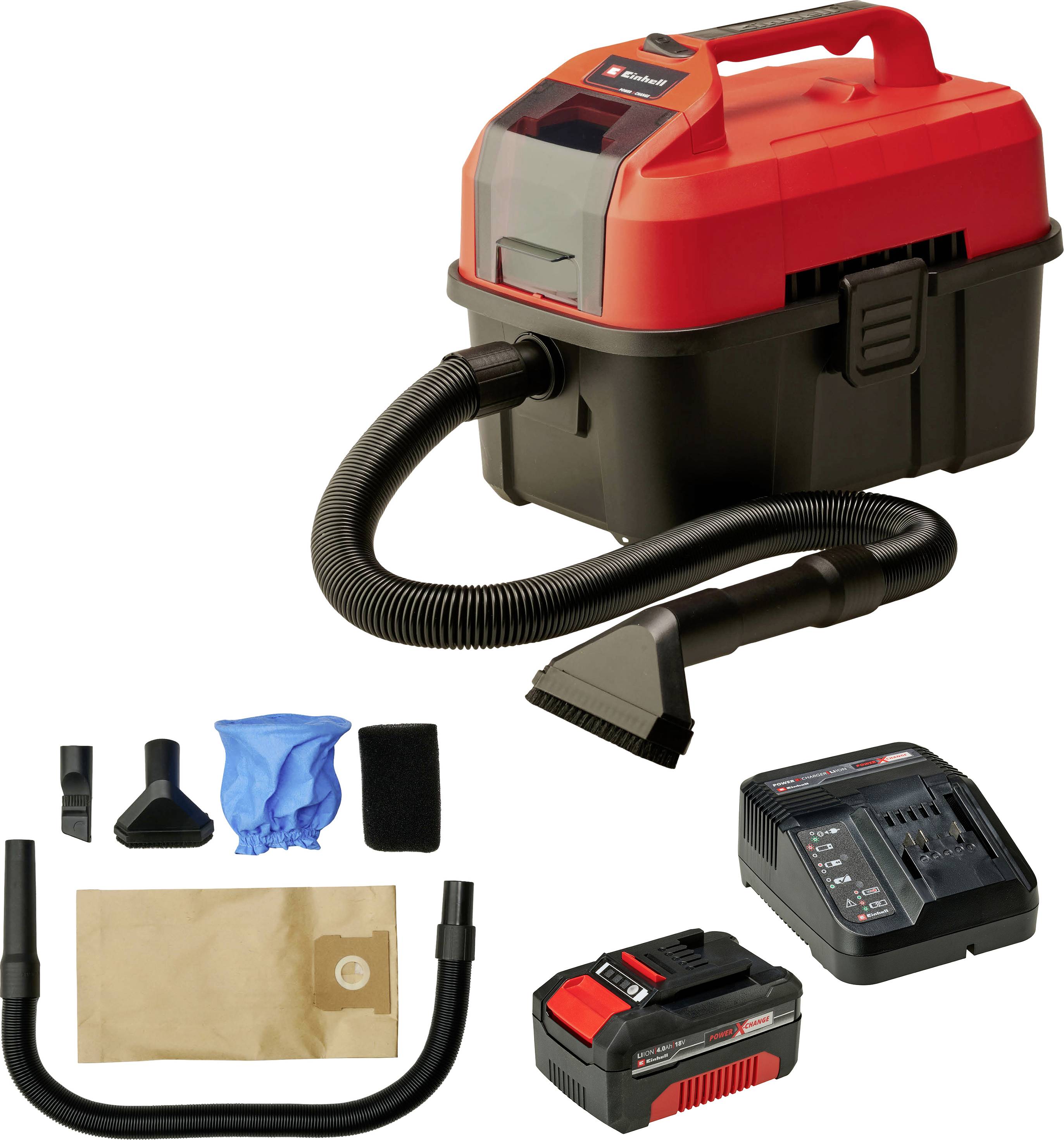 A red and black vacuum cleaner with accessories: various nozzles, a filter, a hose, a battery, and a charger.