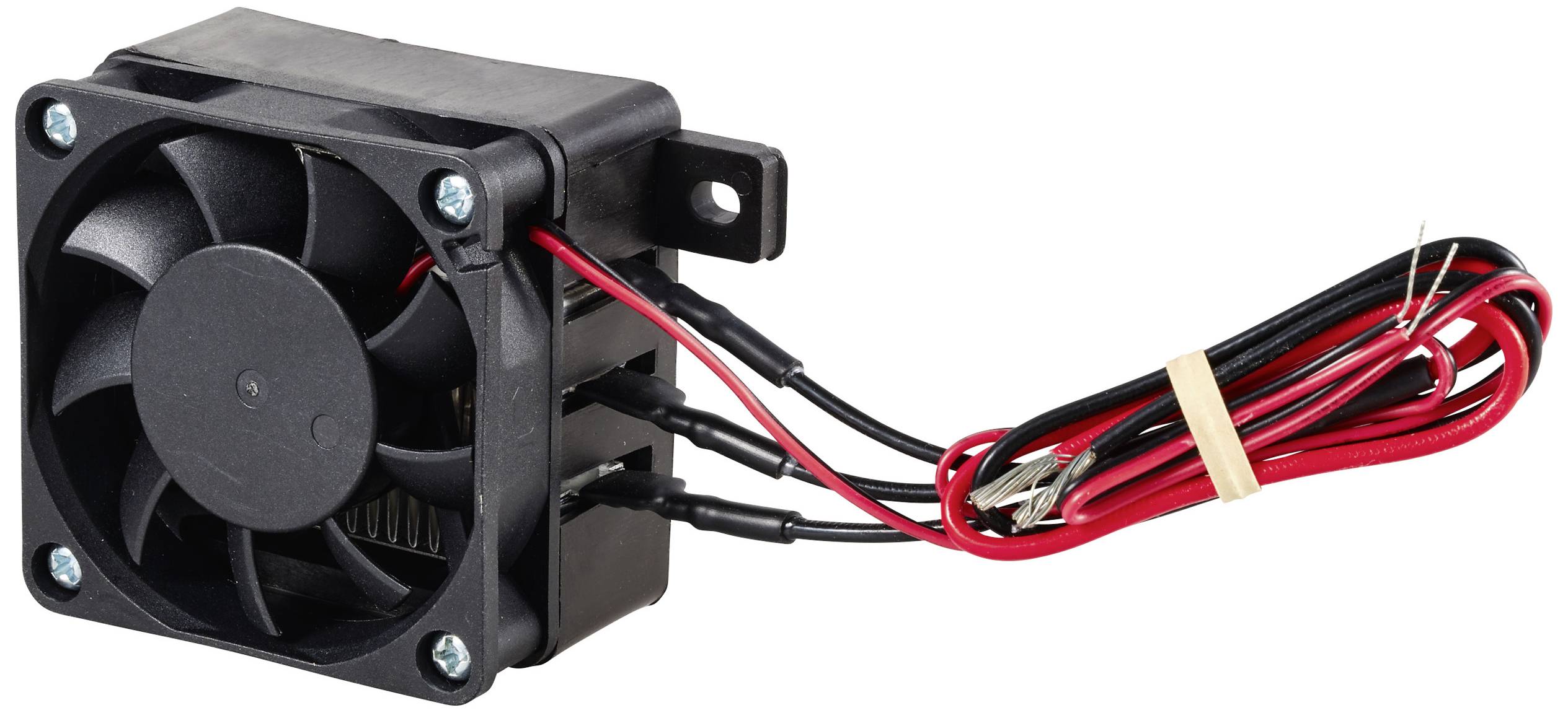 A small computer fan with four screws and connected red and black cables, used for cooling electronic devices.