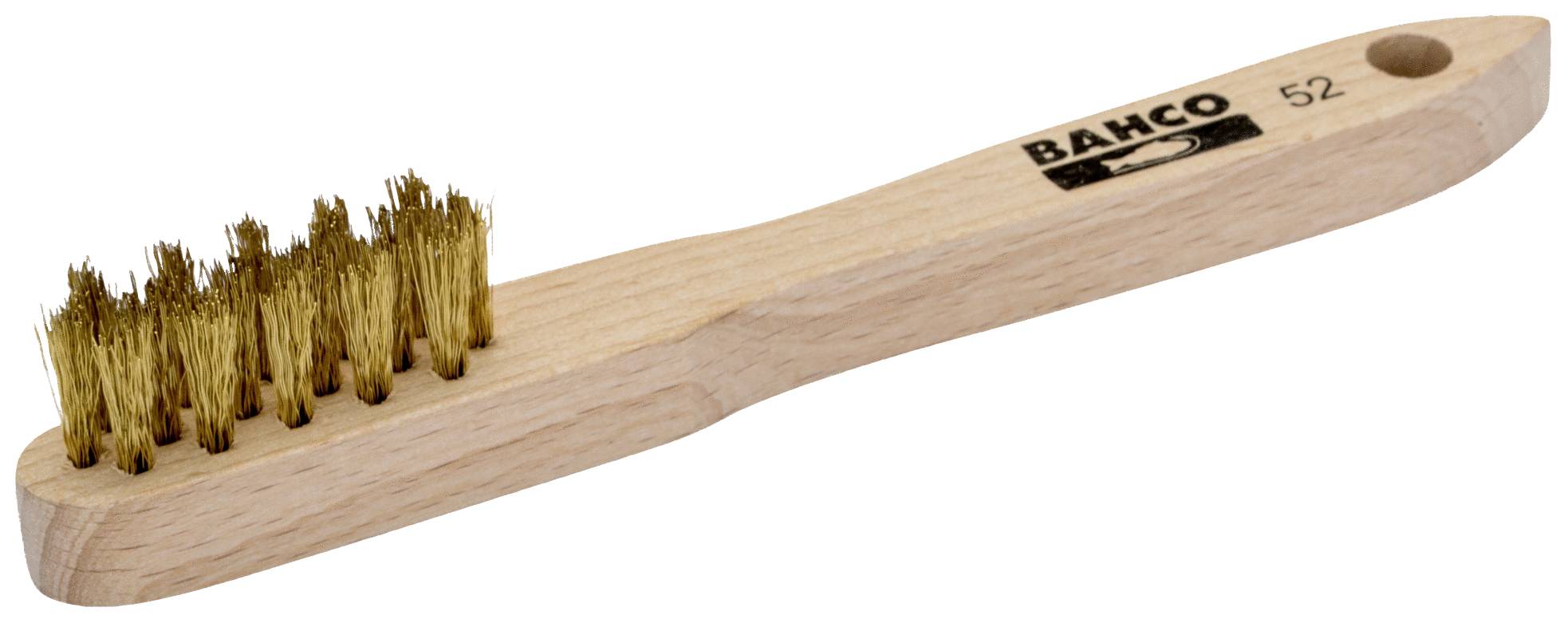 Wooden-handled brush with brass bristles, 'BAHCO 52' printed on the handle. Suitable for cleaning metal surfaces.