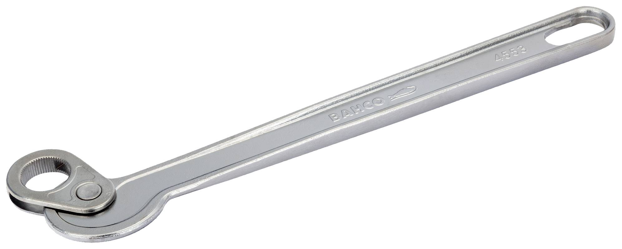 A silver spanner with a rounded end and long handle lies at an angle; a tool for tightening nuts.